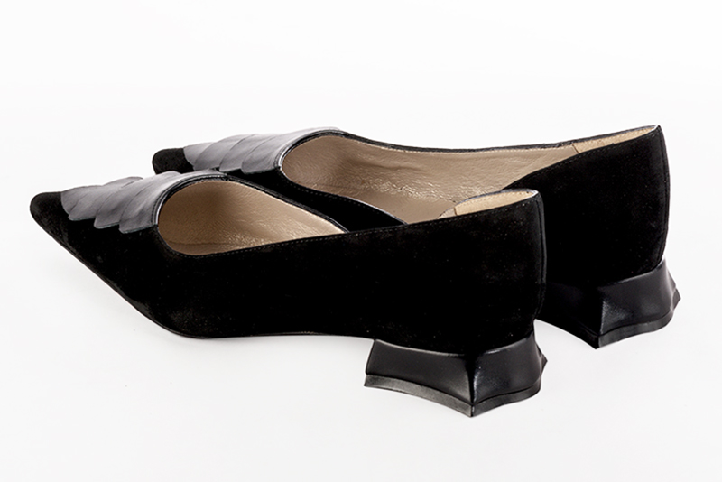 Matt black women's open arch dress pumps. Pointed toe. Flat flare heels. Rear view - Florence KOOIJMAN